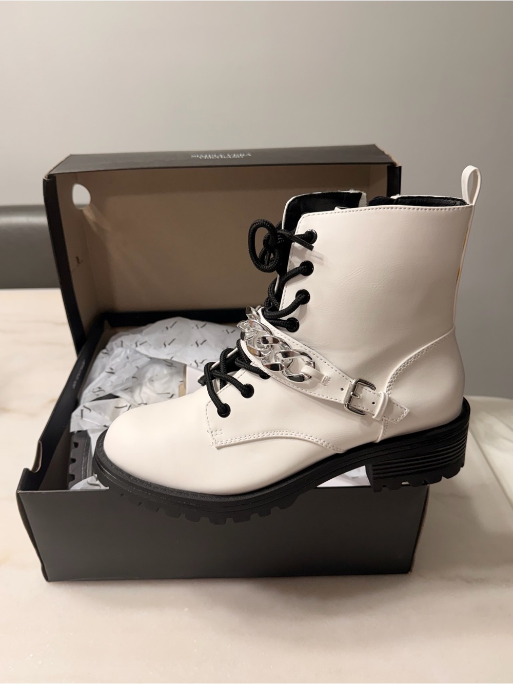 Vera Wang White Lace-Up Combat Boots with Chain Accent
